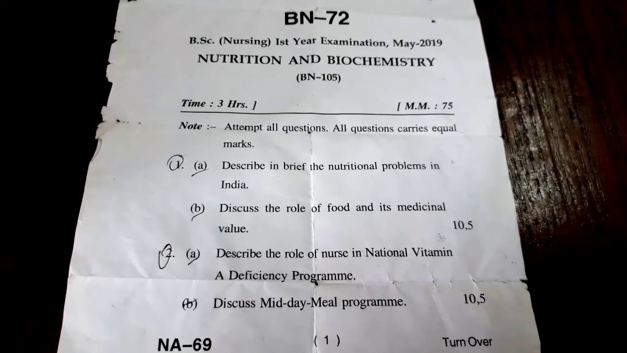 Bsc Nursing 1st YEAR (NUTRITION AND BIOCHEMISTRY) 2019 Question Paper