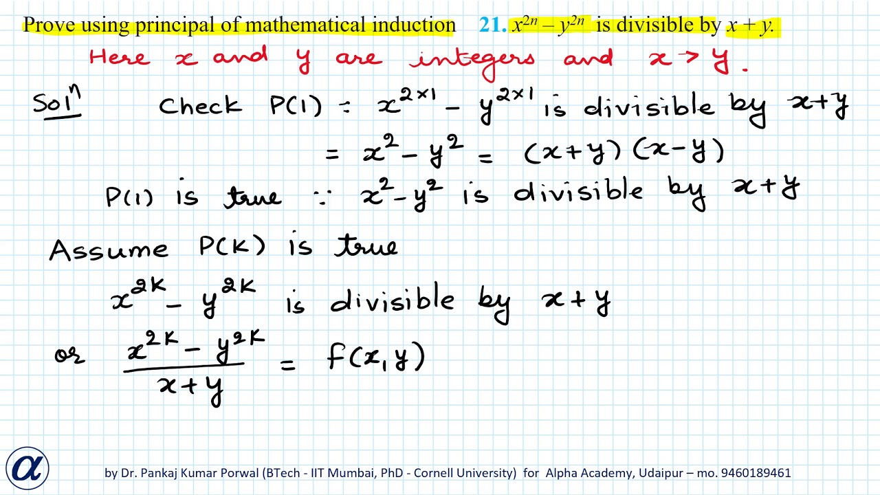 Q 21 Ch 4 Mathematical Induction Ex 4 1 Ncert Maths 11th X 2n Y 2n Is Divisible By X Y Youtube