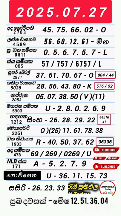 2025.07.27 ඉරිදා සියලුම ලොතරැයි ප්‍රතිඵල #lottery results #dlb #nlb #Sunday
