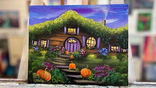 How To Paint A Cozy Cottage And Pumpkins | acrylic painting tutorial