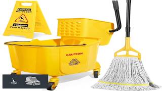 38 Qt Commercial Bucket with Side Press Wringer on Wheels Yellow Industrial