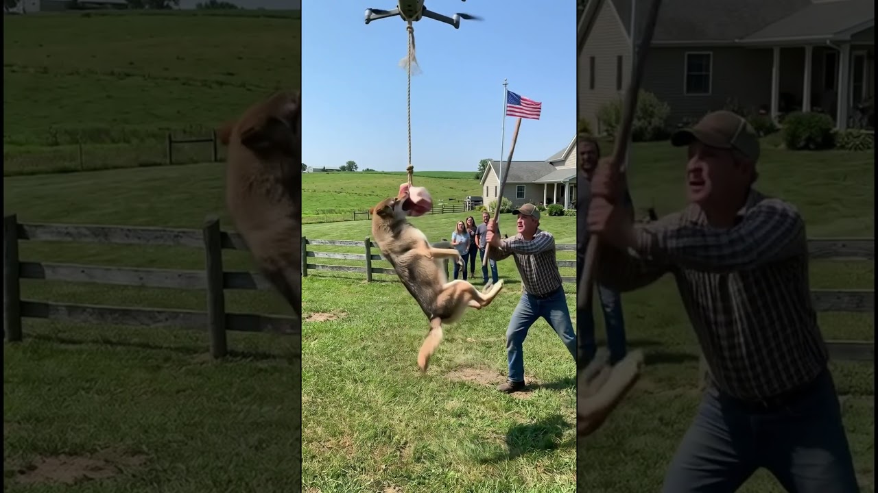 Волк отказывается отпускать добычу, пока дрон поднимает мясо 