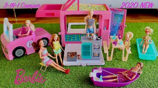 Barbie 3 IN 1 Dream Camper Unboxing Review, Barbie Dolls Camping Morning Routine Story telling Play