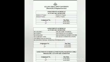 AIOU ASSIGNMENTS SUBMISSION SCHEDULE FOR Autumn Semester 2021 for all Programs