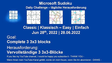 Microsoft Sudoku | Classic - Easy | Jun 28, 2022 | Daily Challenges