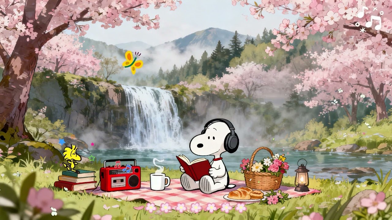 Snoopy’s Spring Waterfall Lofi 🌸 Peaceful Nature Beats for Study, Relax & Focus