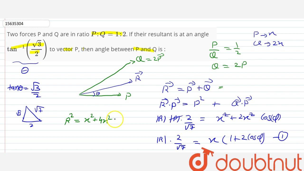 Two Forces P And Q Are In Ratio P Q 1 2 If Their Resultant Is At An Angle Tan 1 Sqrt3 2 Youtube