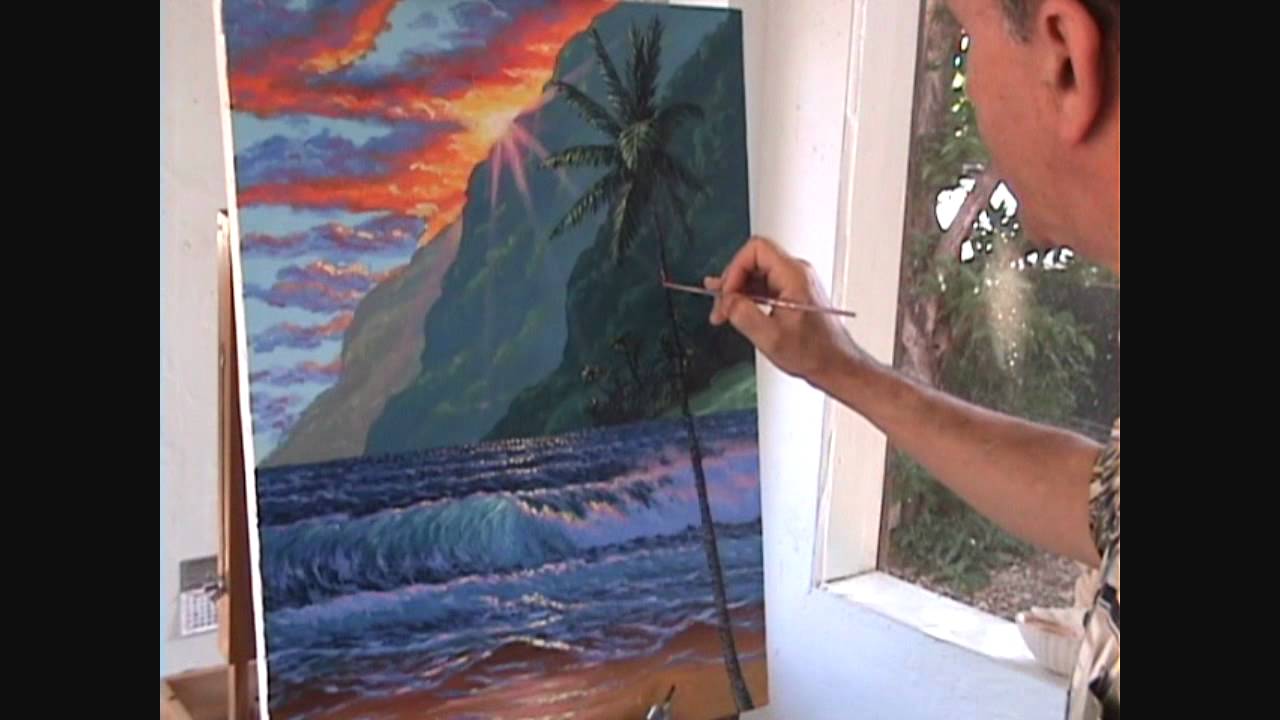 Pittura una spiaggia 18 e le montagne al tramonto