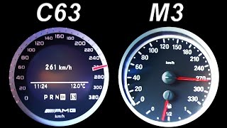 Mercedes C63 AMG vs BMW M3 E92 Acceleration 0-260 km/h Onboard V8 Sound Kickdown Autobahn Resimi