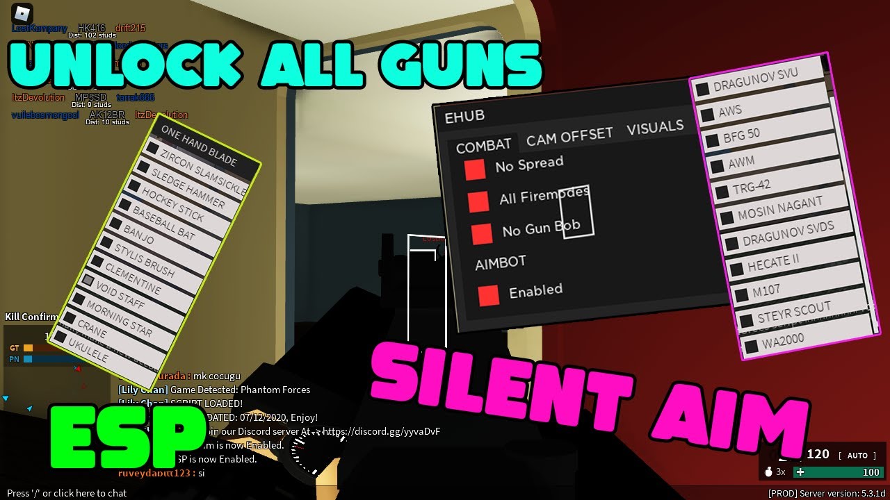 Roblox Phantom Forces Script Hack Unlock All Guns Skins Attachments Aimbot Gun Mods Fly Youtube - gun giver roblox exploit script
