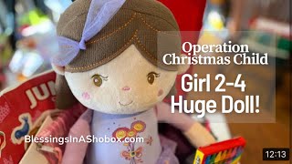 Operation Christmas Child Girl 2-4 Huge Plush Doll And Flowers How Did They Fit? Occ Shoebox