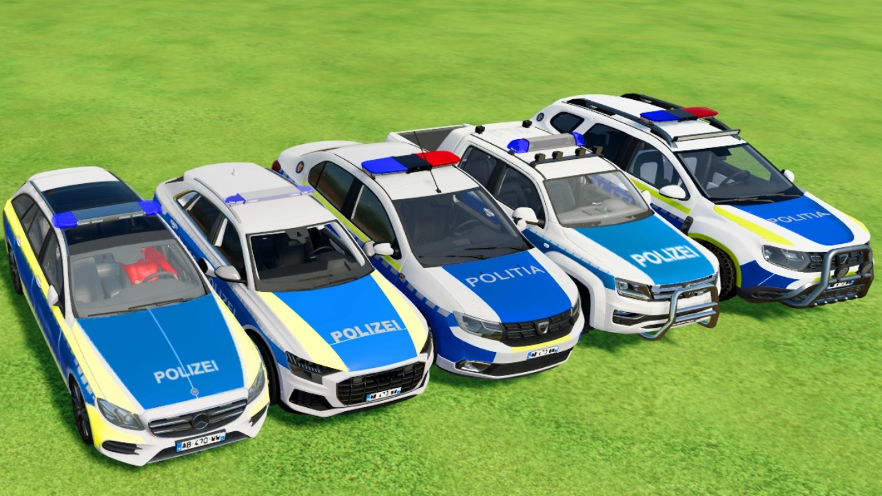 TRANSPORTING POLICE CARS, AMBULANCE, FIRE TRUCK, COLORFUL CARS WITH TRAIN -FARMING SIMULATOR 22!