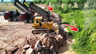 Amazing Huge Land Reclamation Process Power Moving Stones By Komatsu Dozers, Trucks Transport Rocks