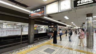 大阪メトロ堺筋線日本橋駅、ホーム柵設置工事が進められている様子と駅構内の自動アナウンス、行先表示器を意識しながら電車発着風景を撮影してみた！