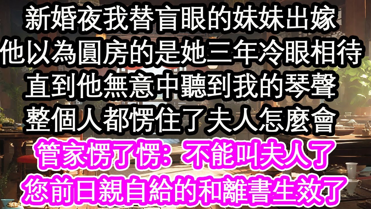 新婚夜我替盲眼的妹妹出嫁，他以為圓房的是她三年冷眼相待，直到他無意中聽到我的琴聲，整個人都愣住了夫人怎麼會，管家愣了愣：不能叫夫人了，您前日親自給的和離書生效了【花開】【愛情】【生活】