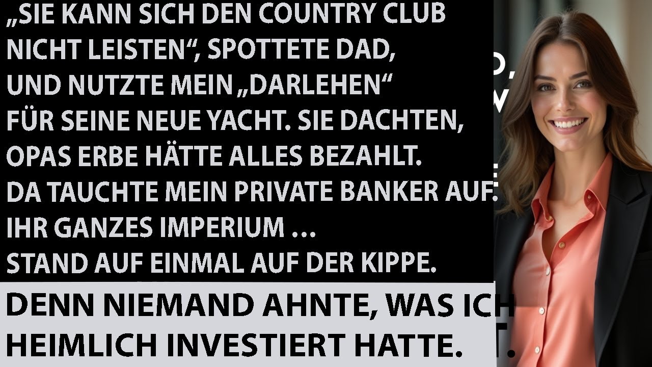 Ich saß im Country Club neben meiner Familie, während sie stolz über ihre neue Yacht und ihre Erbschaft sprach, und alle applaudierten. Dann sagte mein Vater, ich solle nicht so neidisch sein,...