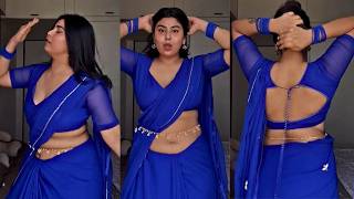 Satin Saree Fashion And Saree D Style For Party Ink Blue Saree With Netted Sleeve Blouse