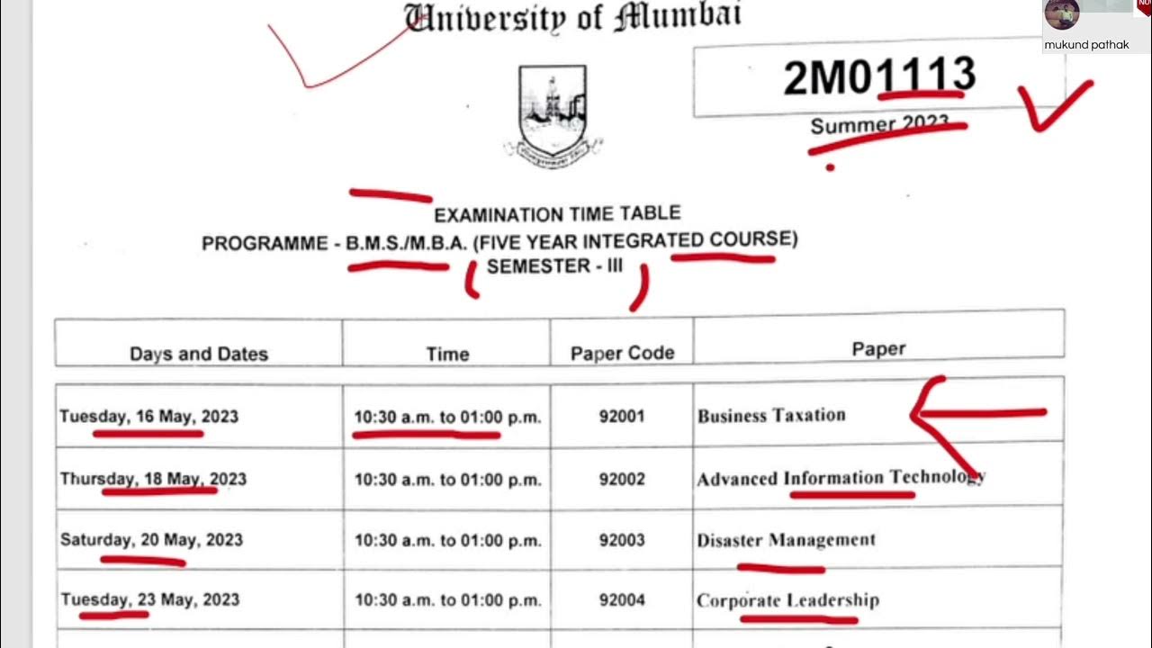 BMS/MBA (Five Year Integrate Courses) l Sem3 Examination Time Table l