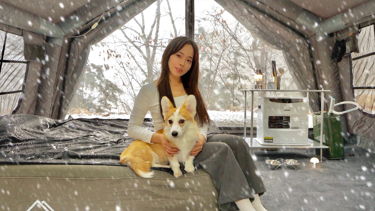 ❄️CAMPING IN HEAVY SNOW WITH MY DOGㅣ55KG AIR TENTㅣSNOW ASMR