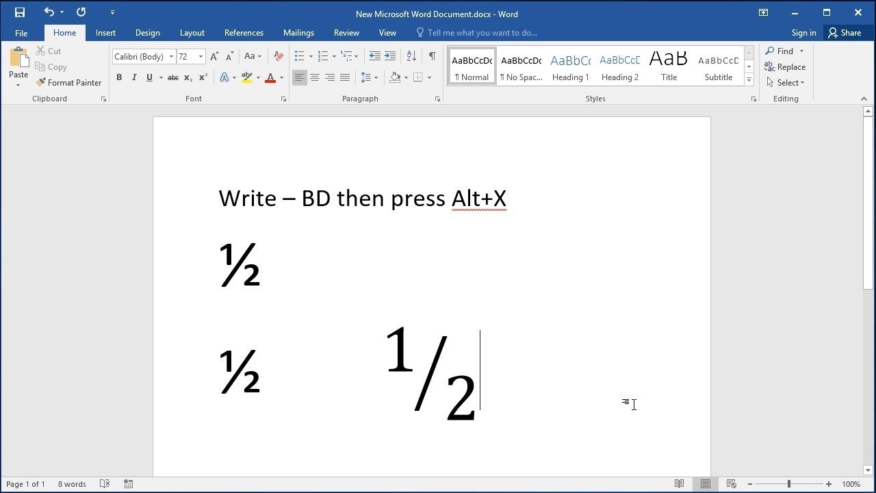 How to type fraction one half (½) in Word