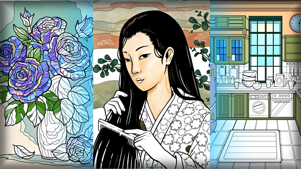 Relax timelapse Coloring by numbers: Geisha, Kitchen, Blue Roses