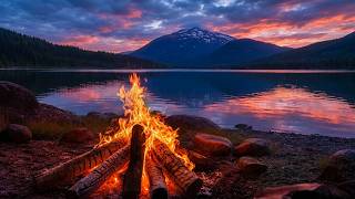 🔥 Sunset Reflection Campfire | Mountain Lake & Crackling Fire | 4K