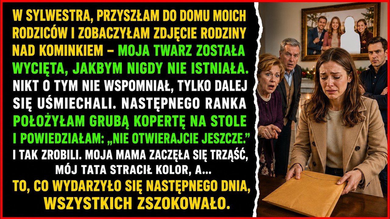 Znalazłam na kominku rodzinne zdjęcie, z którego ktoś starannie wyciął moją twarz. Nikt nie powiedział ani słowa. Później przy wymianie prezentów Eryk dostał luksusowy szwajcarski zegarek, a ja...