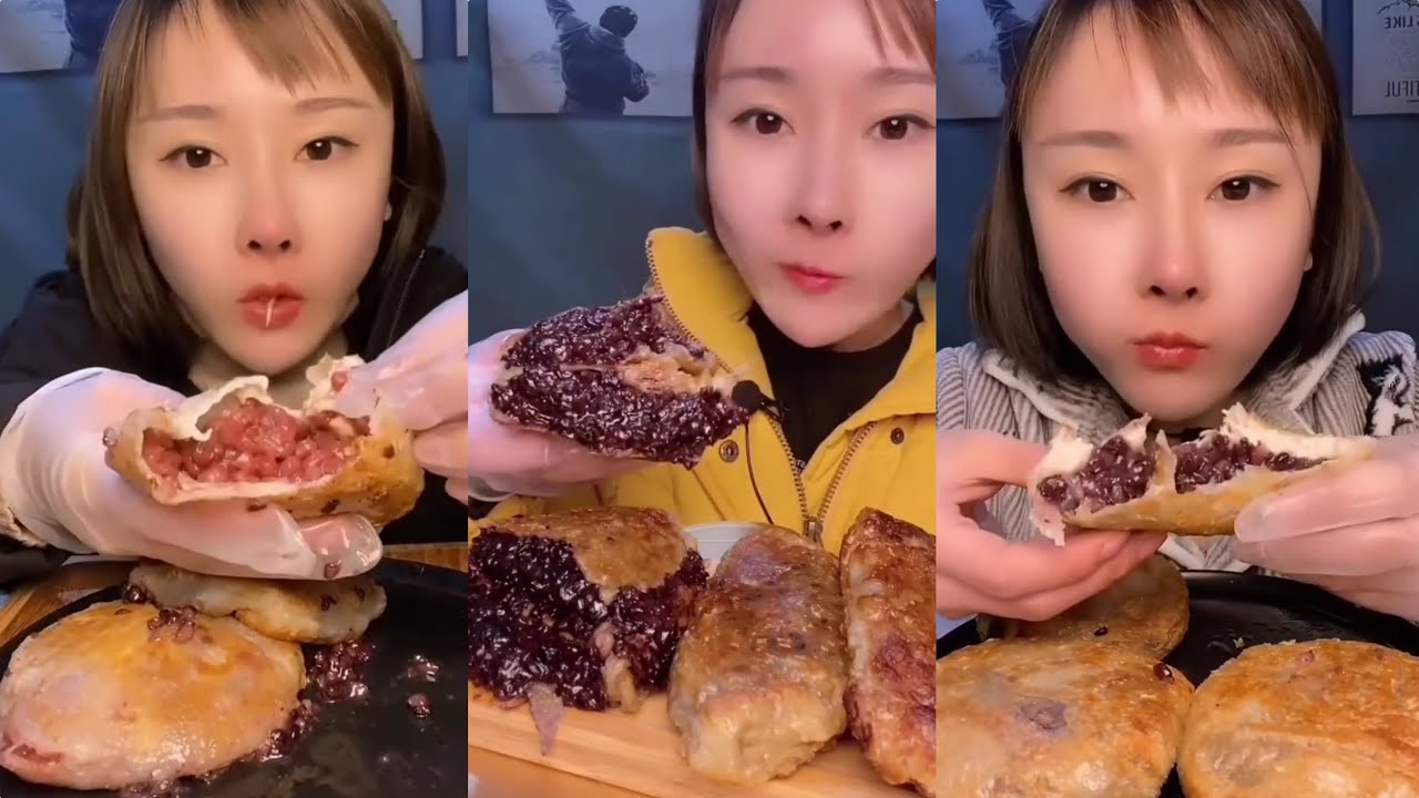 刀哥- CRISPY PAN-FRIED PURPLE GLUTINOUS RICE PIES (紫米手抓饼) || ASMR Chinese Dessert Mukbang 디저트 먹방 吃播