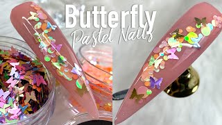 Spring butterfly CORAL + Pastel Butterfly sequin Nail Art