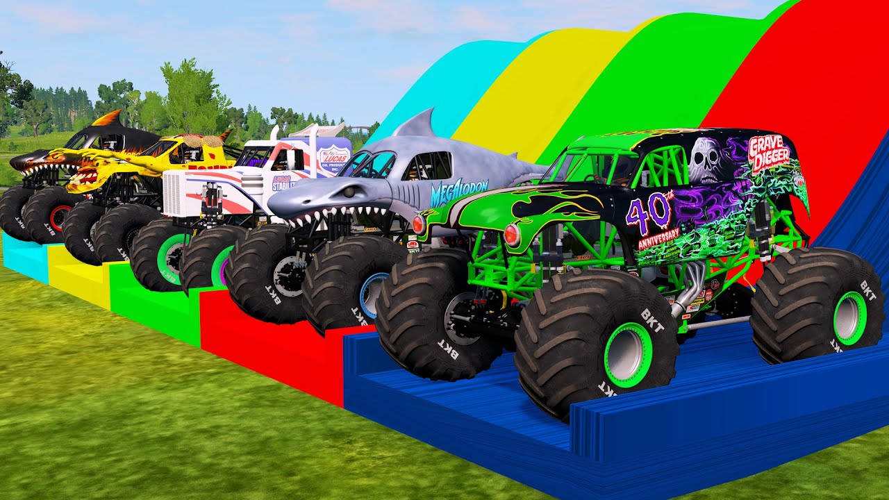 WOW Big Monster Trucks Transport Triple Flatbed with Color Slide BeamNG