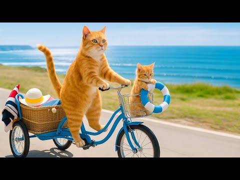Mama Cat Happily Takes Kitten To The Beach, Then Saves A Turtle Trapped In A Net🐾🐾🐾