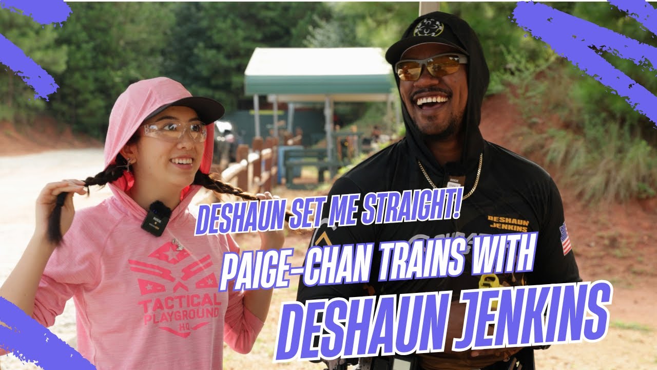 Paige-Chan training 1-on-1 with USPSA Grandmaster DeShaun Jenkins, learning fundamentals like draw mechanics, transitions, movement, and stage planning while improving confidence and match performance.
