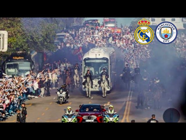 Incredible Scenes As Real Madrid Fans Welcome The Team Bus Ahead Of CL Match Against Manchester City class=