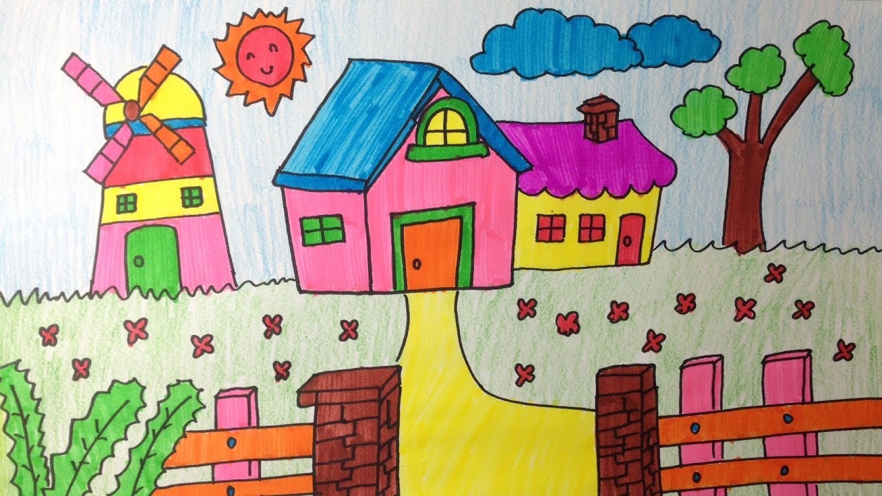 Coloring cartoon  house for kid วาดรูประบายสีบ้านการ์ตูน สำหรับเด็ก