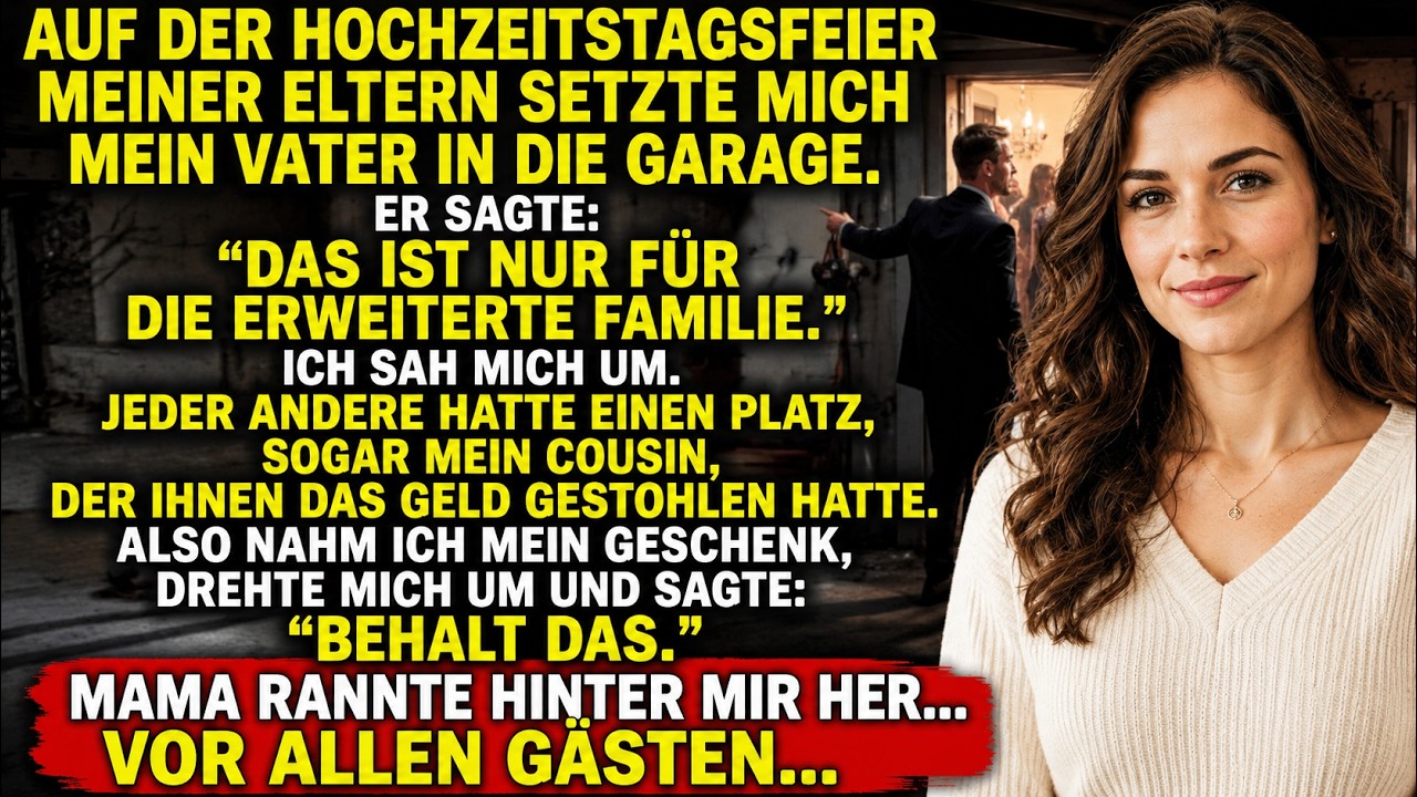 „Du kannst draußen bei der entfernten Verwandtschaft sitzen“, sagte mein Vater auf ihrem dreißigsten Hochzeitstag und deutete auf die kalte Garage, während mein Cousin Leo – der ihnen tatsächlich...