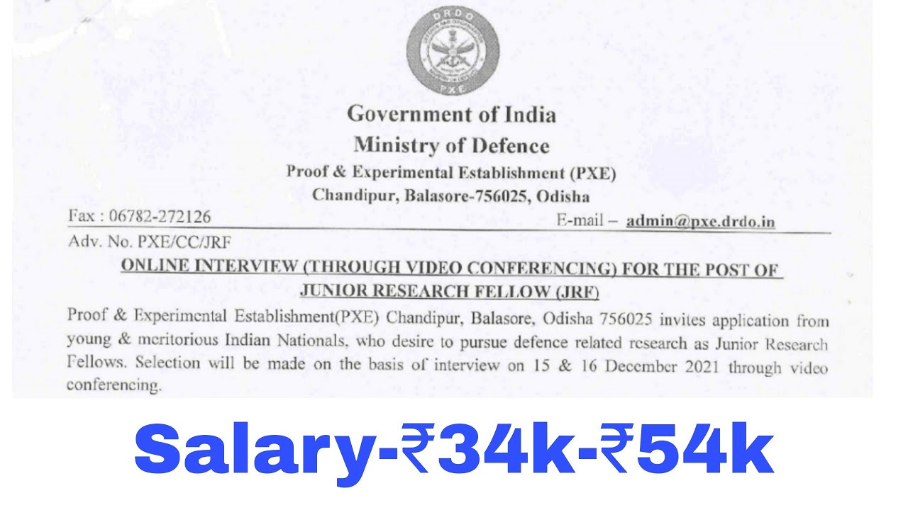 DRDO Junior Research Fellow Notification | B.E | B.Tech | NET GATE | ₹34k-₹54k 