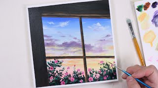 Window view rose / Acrylic painting for beginners / PaintingTutorial