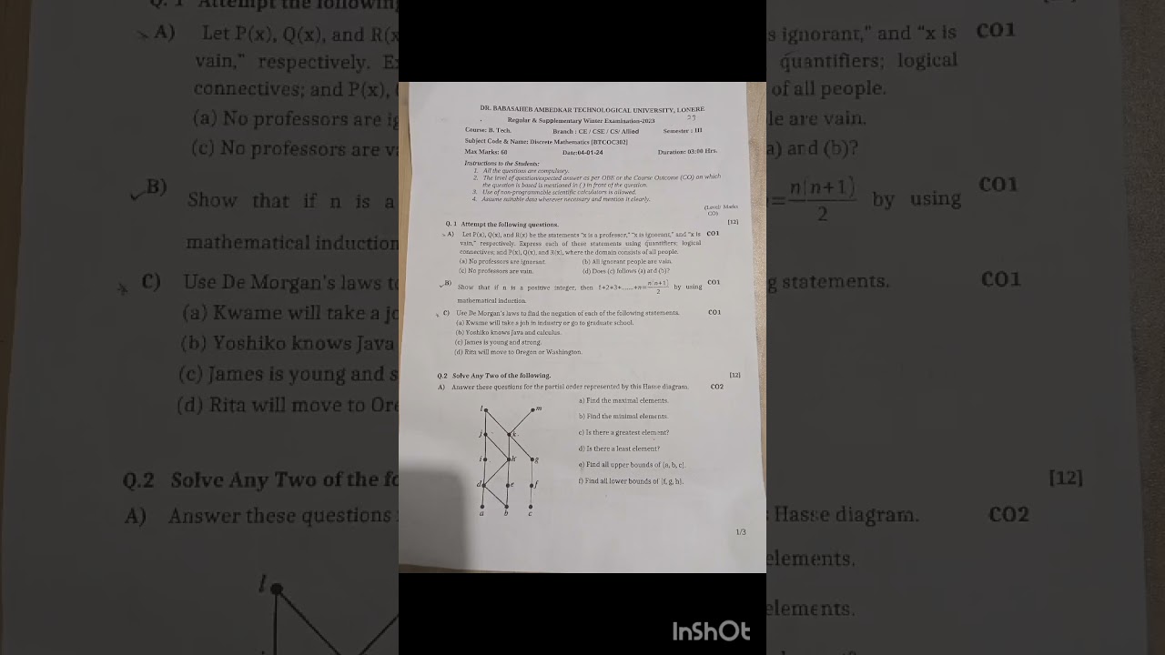 Discrete Mathematics Semester Paper 2023-24 Dbatu University 