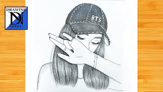 How to draw a girl with glasses easy, A Girl with Selfie Drawing, BTS Cap Girl  Drawing