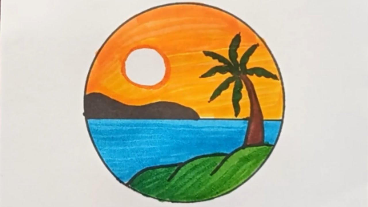 Simple beautiful sunset circle scenery drawing।। scenery drawing step ...