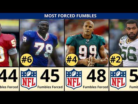 People, Person, Man. Text: MOST FORCED FUMBLES 5 79 99 66 #6 #4 #2 44 45 48 5 NFL NFL NFL bles Forced Fumbles Forced Fumbles Forced Fumb
