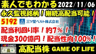 【高配当株】永久監視銘柄：5192 三ツ星ベルト！配当利回り7％弱！2年間配当性向100%！ただ一つ懸念点あり！【20221106】