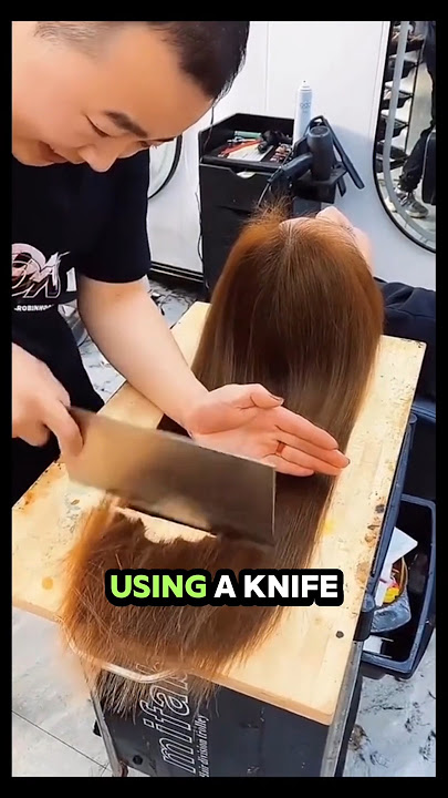 Women in China cut their hair using a knife