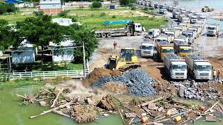 Supreme Operation Landfilling, Bulldozer Vs DONFENG Dump Truck Move Stones Fill Into Deep Water