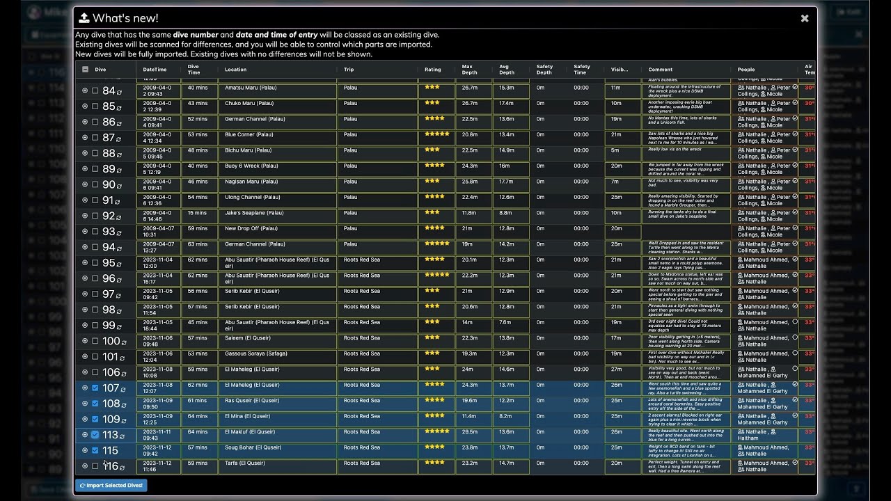 Importing dives to the online dive log