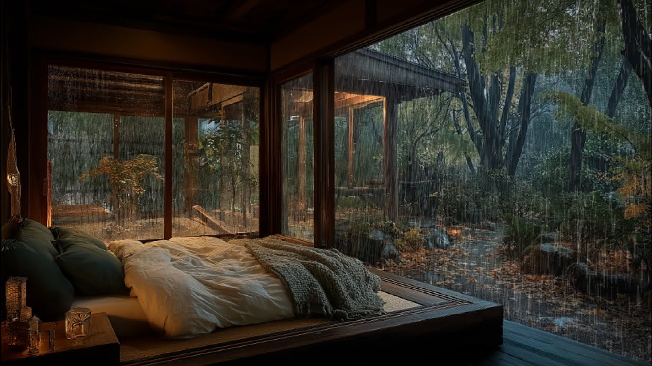 Сильный дождь в уютной спальне в лесном саду 🌧️ Дождь на окне для глубокого сна и спокойствия.