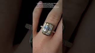 3CT Emerald Cut Bezel Set Lab Grown Diamond Engagement Ring w/ Cathedral Style Pave Band By Karaters