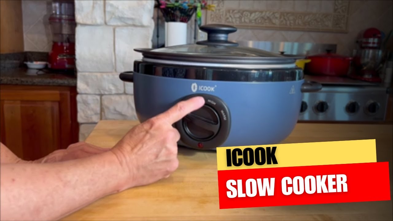 ICOOK USC-35-OP001BL 3.5 Quart Slow Cooker,Aluminium Sear/Sauté Stew Pot  Stovetop safe,Dishwasher Safe,Glass Lid,Adjustable Temp,Food Warmer,Blue