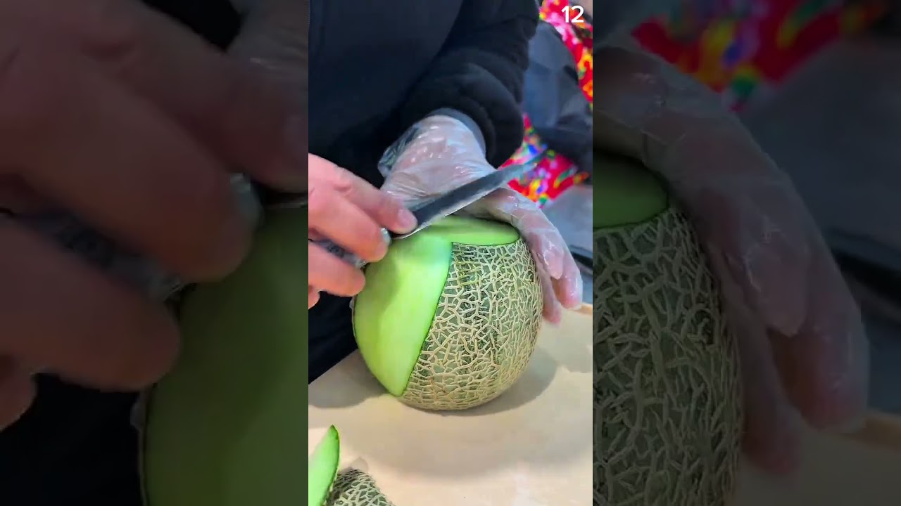 Crisp slice, seed glint, morning rhythm cores melon with glove grip and rind net