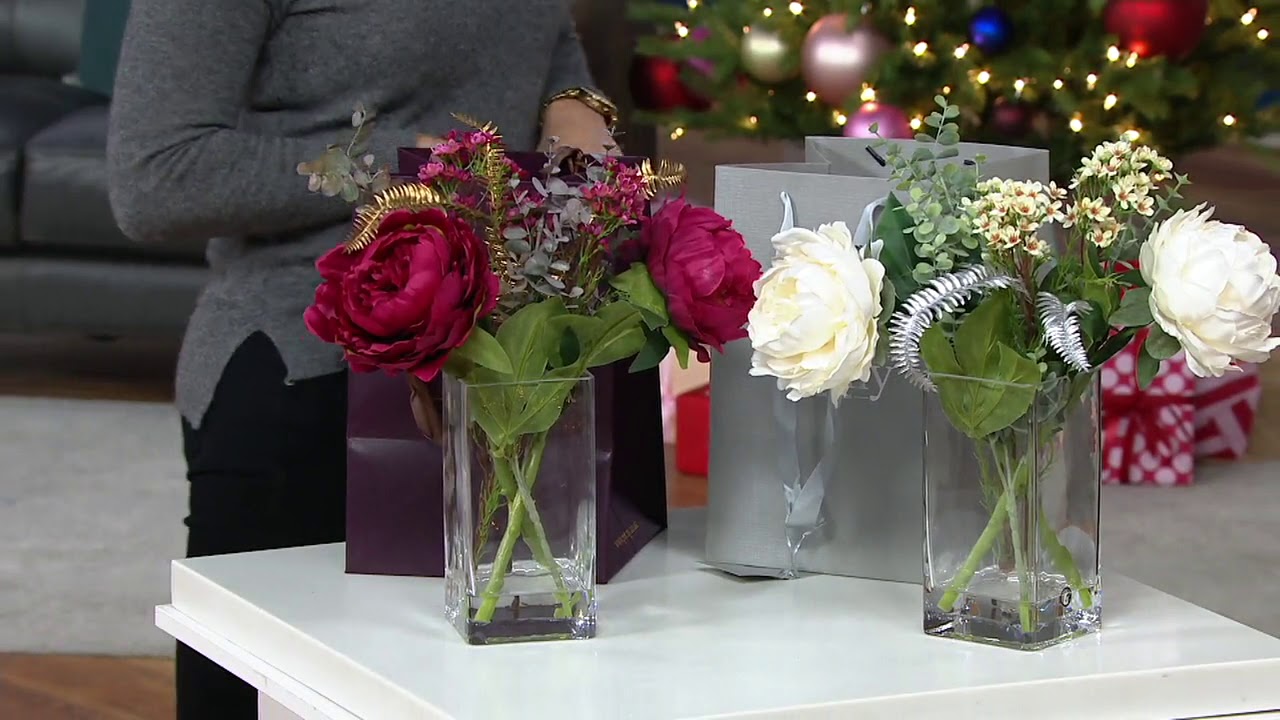Peony & Winter Foliage in Glass Vase with Gift Bag by Peony on QVC